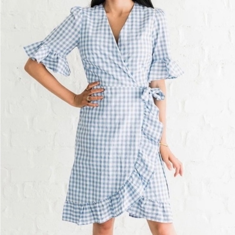 Storia Blue Gingham Wrap Ruffled Knee Length Dress Women’s Size Small Dorothy